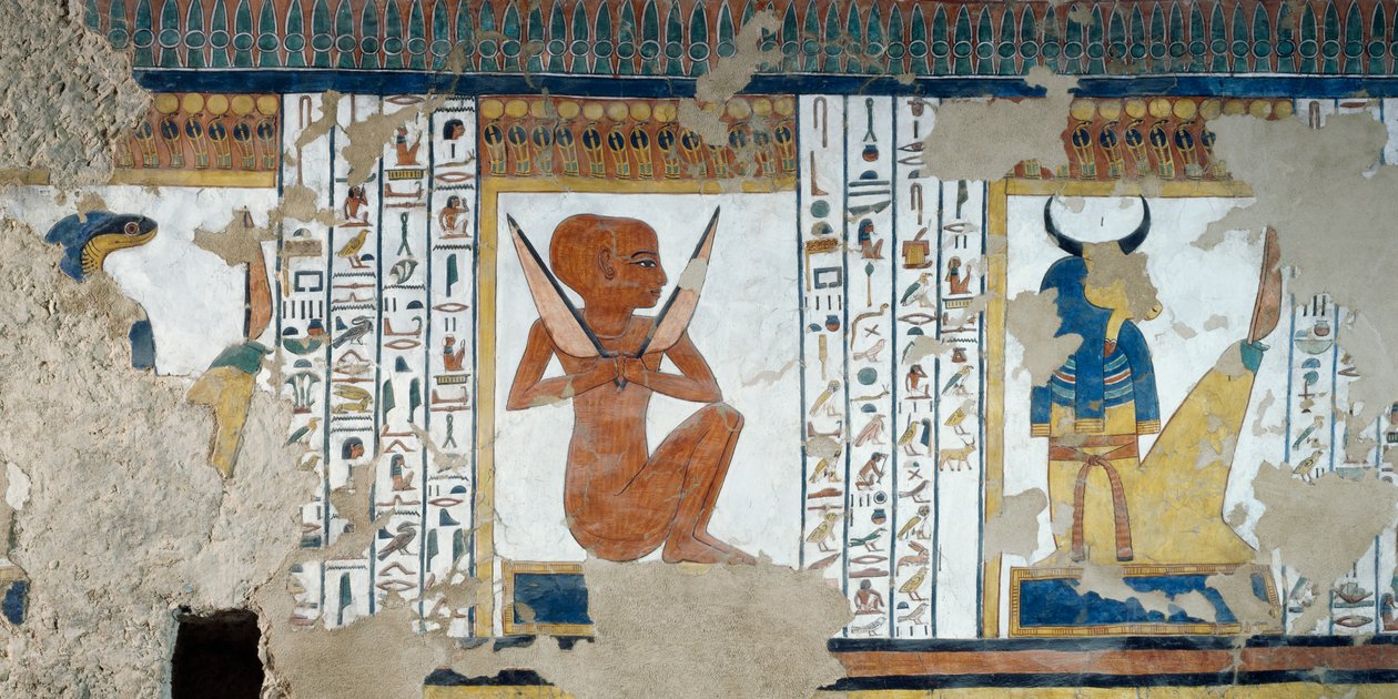 Henty-Reki, vogter af den femte port af Kongeriget Osiris, og oksehovedet vogter af den fjerde port, fresker af gravkammeret i Nefertari, Valley of Queens, Luxor, Theben (Unescos verdensarvsliste af Egyptian 19th Dynasty