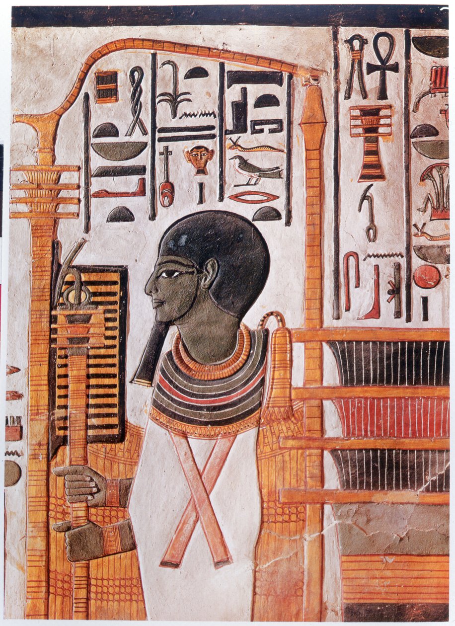 Historie. Det gamle Egypten. Ptah, guddommeliggørelse af urhøjen i Ennead-kosmogonien. Fresco i graven af Nefertari i Kongernes Dal, det gamle Egypten. (fresko) af Egyptian 19th Dynasty
