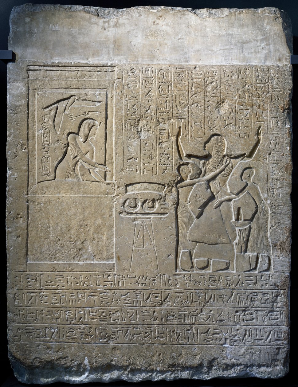 Hormin, leder af kongens harem, belønnet med guldhalskæder givet af Seti I, kalkstensstele af Egyptian 19th Dynasty