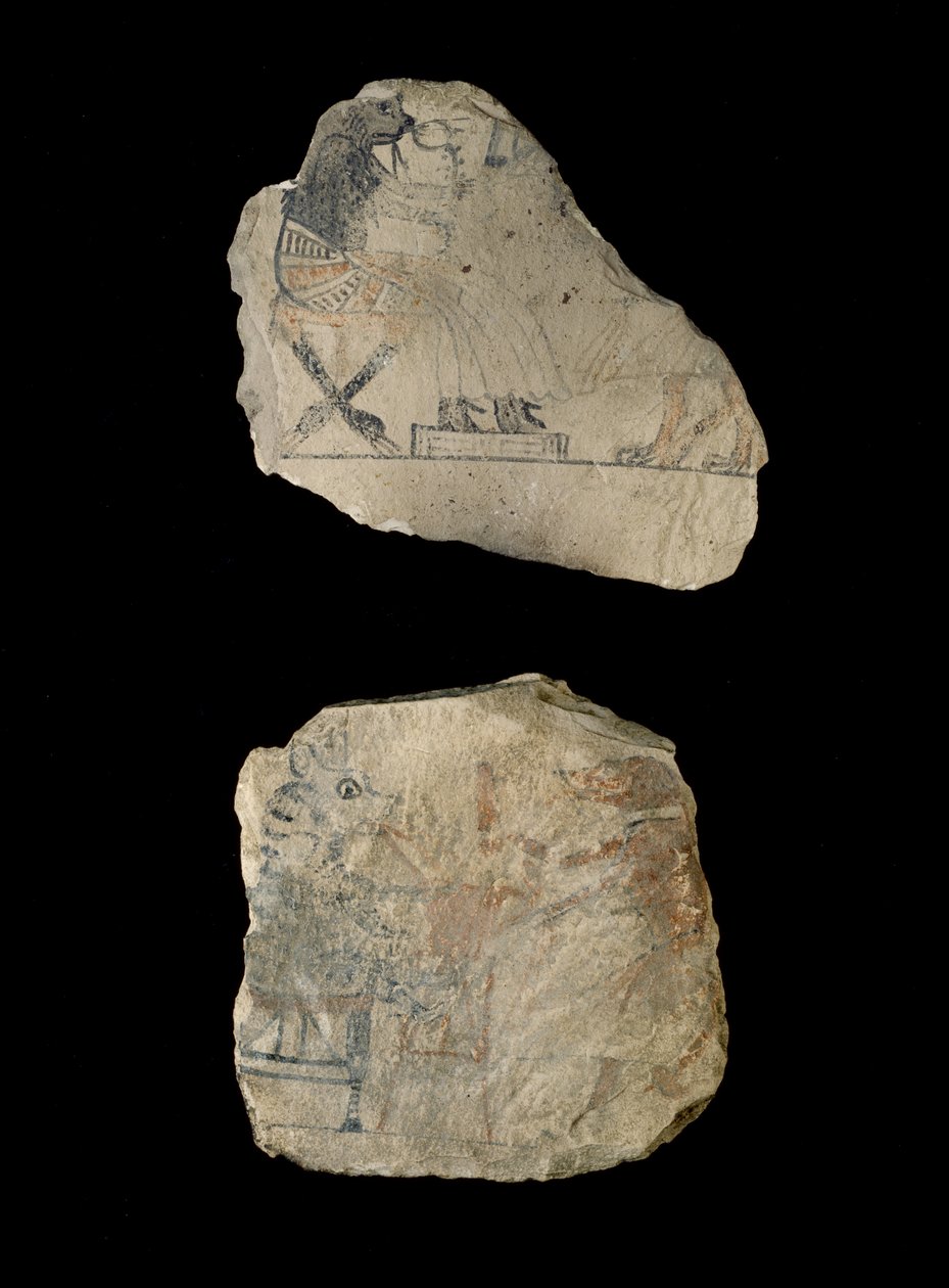 Kalkstensostraca med humoristiske skitser i rød og sort blæk (kalksten malet med sort og rød blæk) af Egyptian 19th Dynasty
