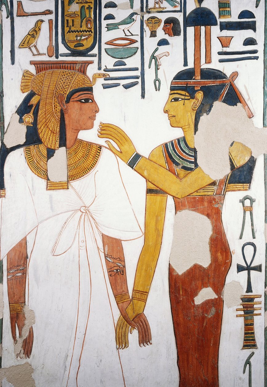 Nefertari møder gudinden Isis, fresko, nordvendt facade af den fjerde søjle, gravkammer, Nefertaris grav (QV66), Queens Valley, Theben (Unescos verdensarvsliste af Egyptian 19th Dynasty