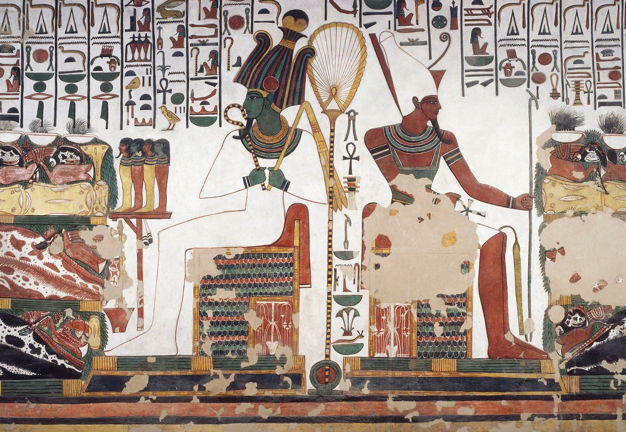 Osiris og Atum, fresco, østvæg, østsidekammer, Nefertaris grav (QV66), Queens Valley, Theben (Unescos verdensarvsliste af Egyptian 19th Dynasty