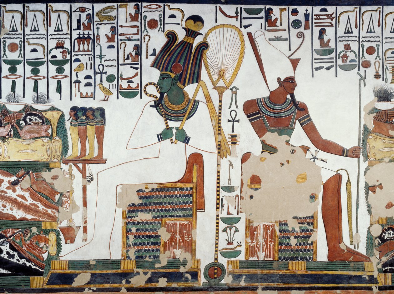 Osiris og Atun, detaljer af freskomalerierne i det andet kammer i Nefertaris grav, Queens Valley, Luxor, Theben (Unescos verdensarvsliste af Egyptian 19th Dynasty