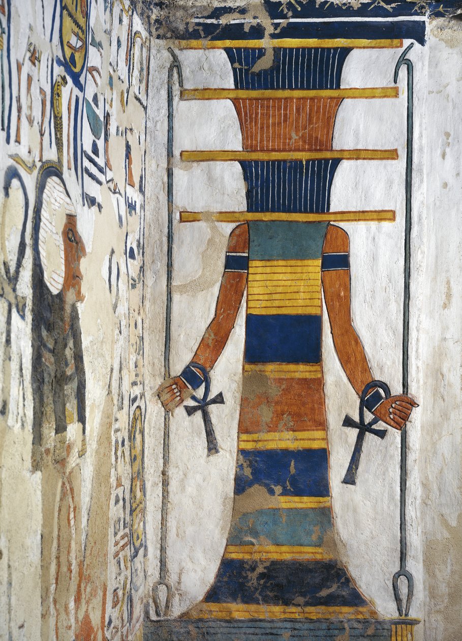 Osiris som en djed-søjle, der holder et scepter i hver hånd og med en ankh på hvert håndled, detalje fra det første vestlige anneks af Nefertaris grav (vægmaleri)  Egypten, Theben, Luxor, Queens Valley, Nefertaris grav, Anneks til gravkammer af Egyptian 19th Dynasty