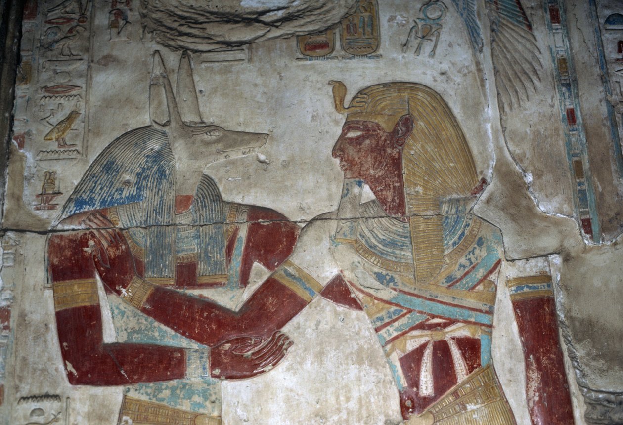 Bemalet relief af farao og guden Anubis, Osiris-kapellet, Seti I