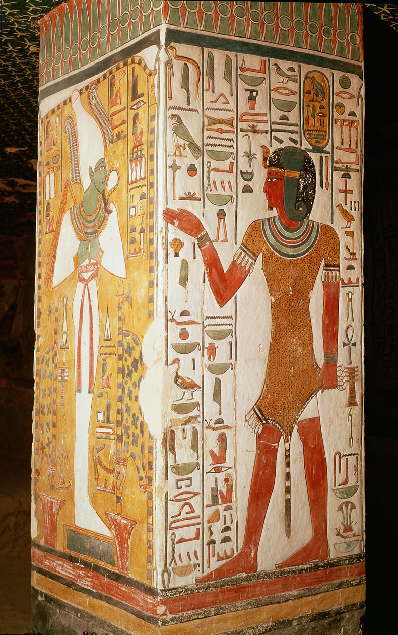 Søjle, der forestiller Osiris og en præst iført panterskind, fra Nefertaris grav, New Kingdom (vægmaleri) af Egyptian 19th Dynasty