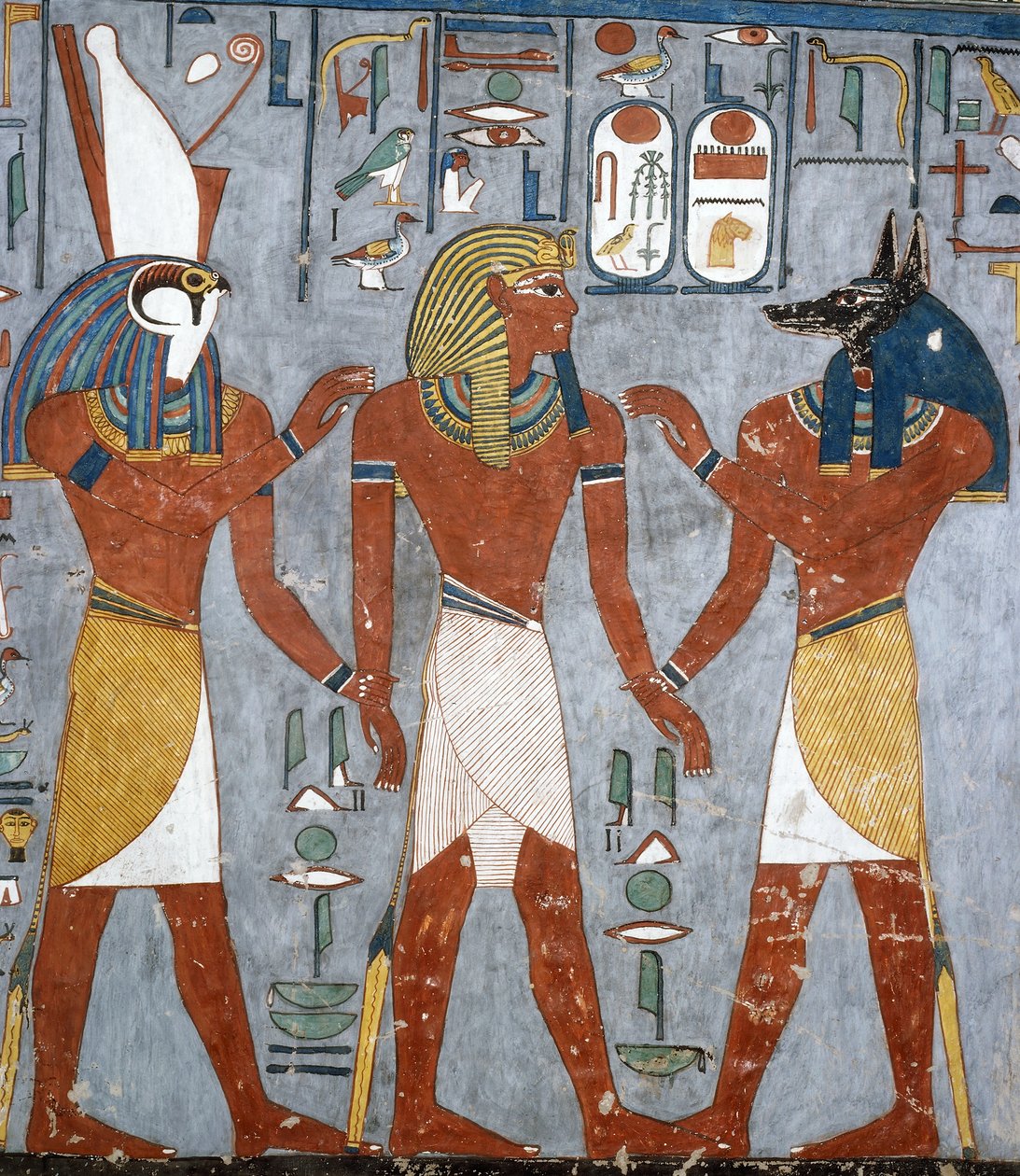 Ramses I mellem Horus og Anubis, fresko, gravkammer, Ramses I