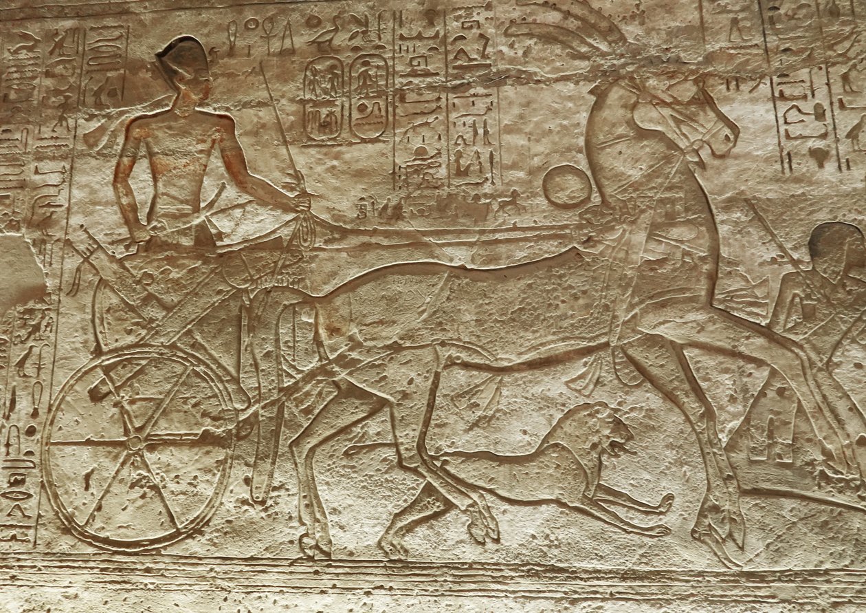 Ramses II på sin vogn, det store tempel i Abu Simbel (relief) af Egyptian 19th Dynasty