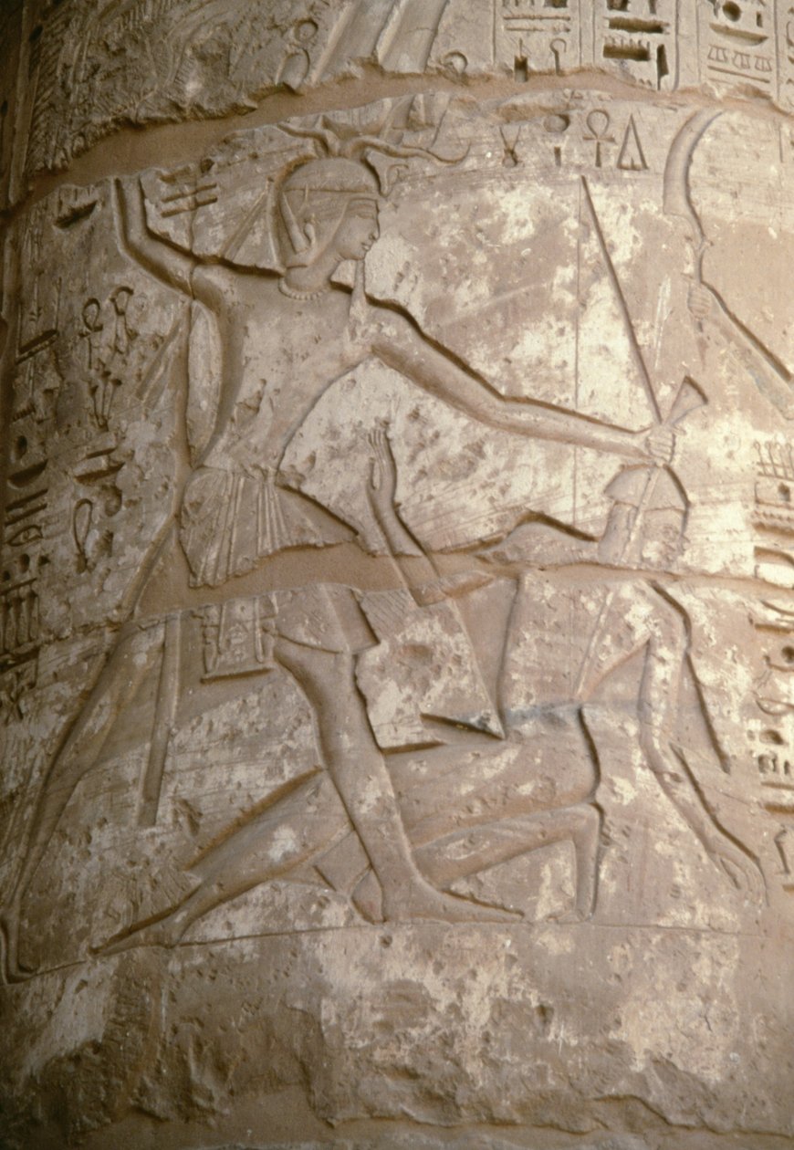 Ramses holder sine asiatiske fjender i håret, mens han forbereder sig på at dræbe dem, relief, Seti I
