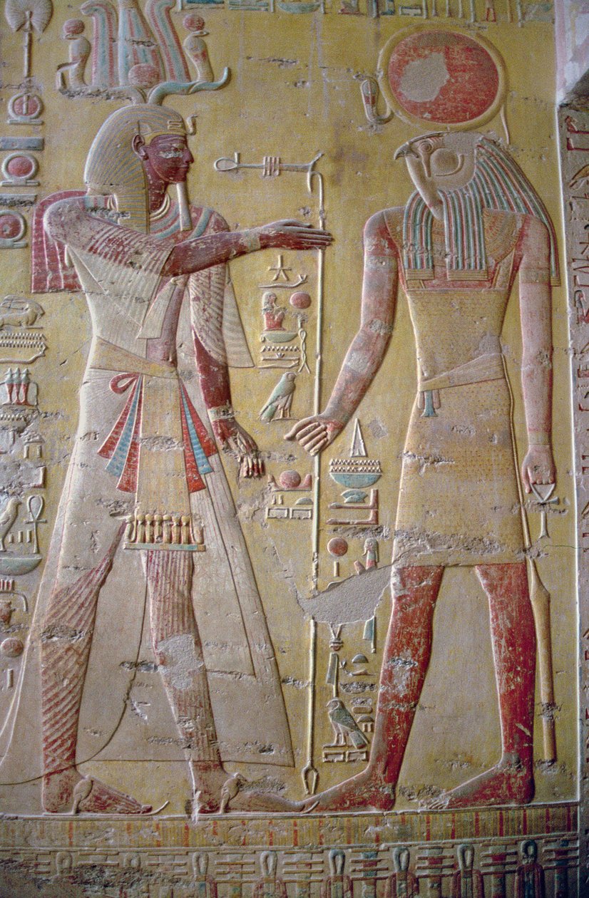 Relief, der viser Merenptah (1236-1223 f.Kr.) bliver mødt af Re-Herakhty, fra Merenptahs grav, New Kingdom, ca. 1297-1185 f.Kr. (malet kalksten) af Egyptian 19th Dynasty