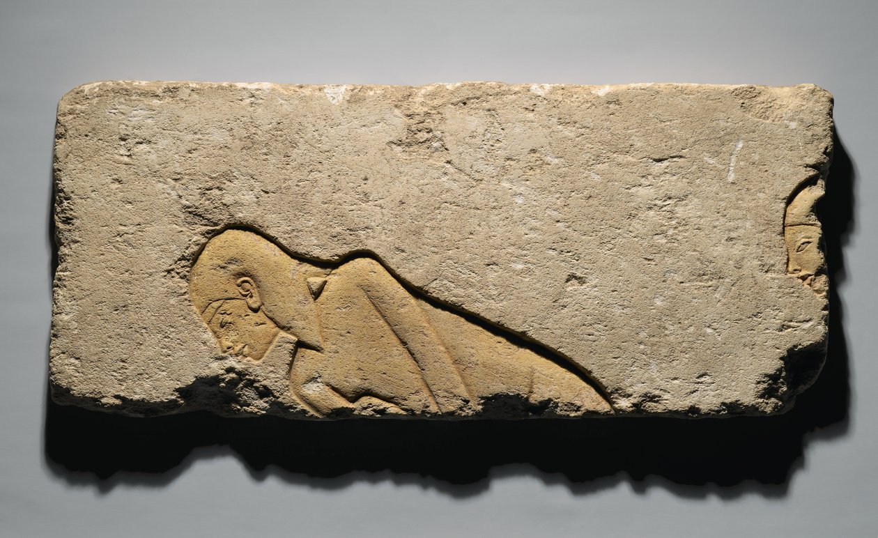 Relief, der viser to mænd, der bukker, fra Tell el-Amarna, New Kingdom, ca. 1352-1336 f.Kr. (kalksten) af Egyptian 19th Dynasty
