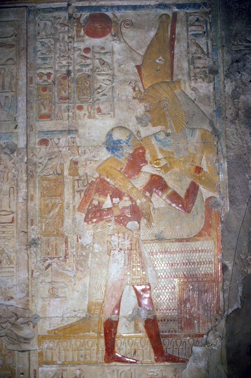 Relief af Sethos I (1303-1290 f.Kr.) og Isis, New Kingdom (vægmaleri) af Egyptian 19th Dynasty