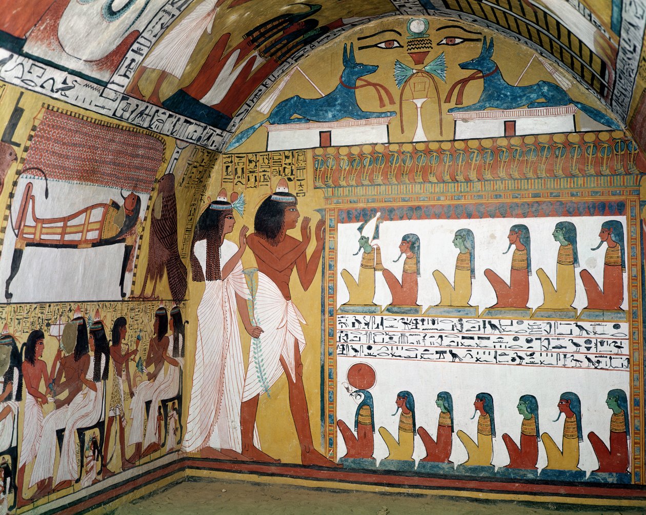Sennedjem og hans kone står over for en naos, der indeholder tolv guddommeligheder, fra vestvæggen af Sennedjems grav, The Workers Village, New Kingdom (vægmaleri) af Egyptian 19th Dynasty