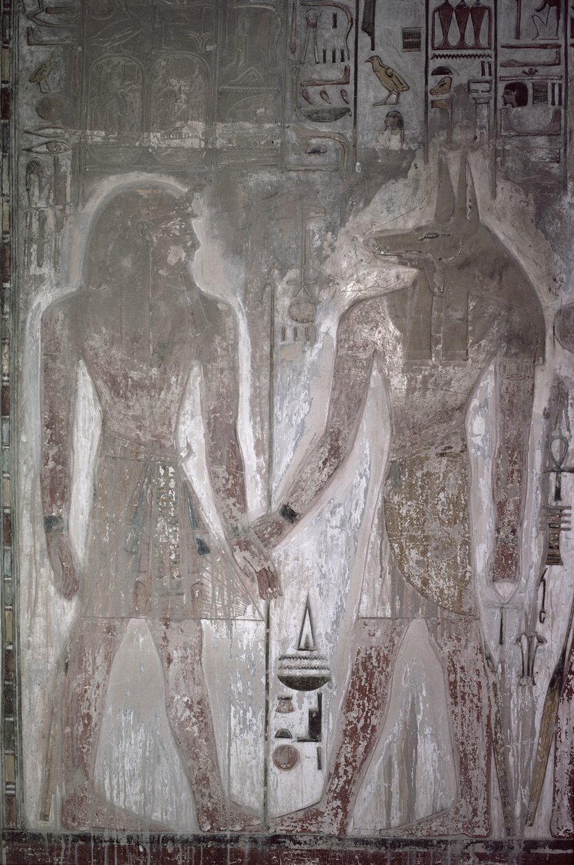 Seti I (1303-1290 f.Kr.) og Anubis i Setis grav, New Kingdom (vægmaleri) af Egyptian 19th Dynasty