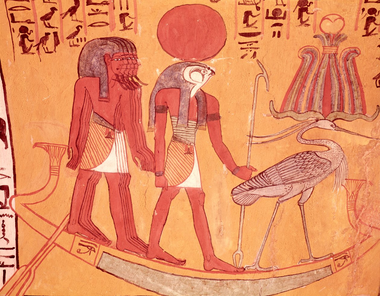 Solbark med Re-Horakhty, benufuglen og fire andre guddomme, fra Sennedjems grav, The Workers Village, New Kingdom (vægmaleri) af Egyptian 19th Dynasty