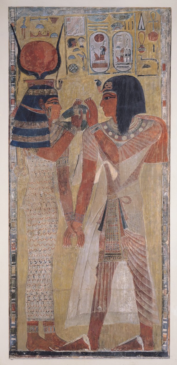 Gudinden Hathor placerer den magiske krave på Seti I (ca. 1394-1279 f.Kr.), taget fra Seti I