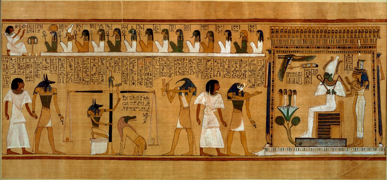 The Weighing of the Heart against Maats Feather of Truth, fra The Book of the Dead of the Royal Scribe Hunefer, New Kingdom, ca. 1275 BC (papyrus) af Egyptian 19th Dynasty