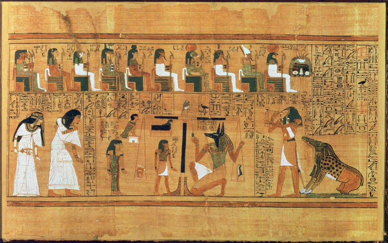 The Weighing of the Heart against the Feather of Sandheden, fra Book of the Dead of the Scribe Any, ca. 1250 BC (malet papyrus) af Egyptian 19th Dynasty