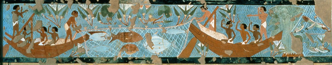 Vægmaleri fra Ipuys grav, Theben, der viser en fiskescene, New Kingdom, ca. 1275 f.Kr. (malet kalksten) af Egyptian 19th Dynasty