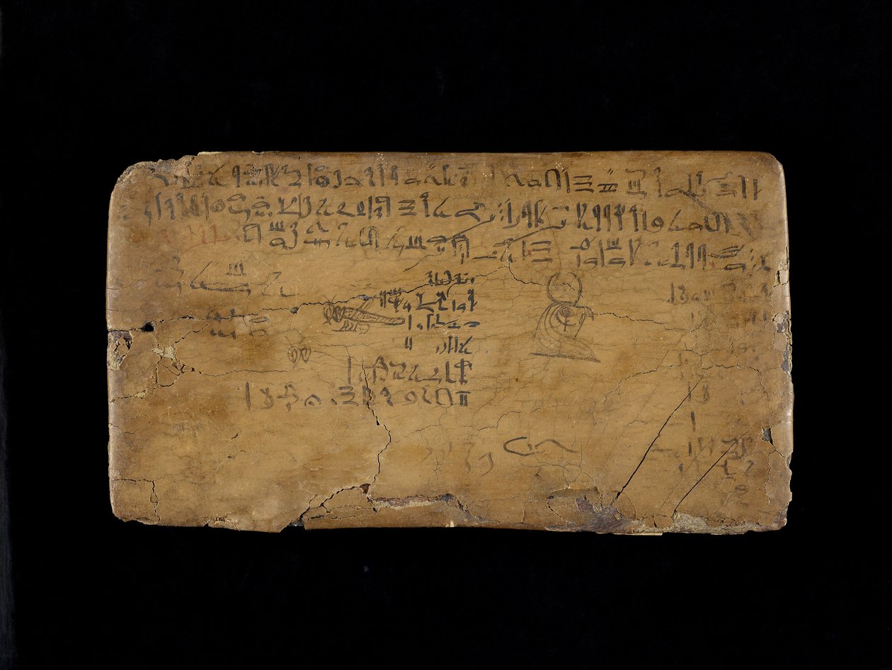 Skrivetavle med linjer fra salmen til Nilfloden træ, gesso, linned og blæk af Egyptian 19th Dynasty