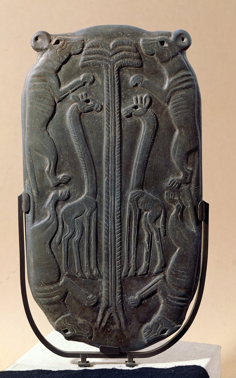 Palette, der forestiller fire hunde og to giraffer med en palme, Thinite Period (skifer) af Egyptian 1st Dynasty