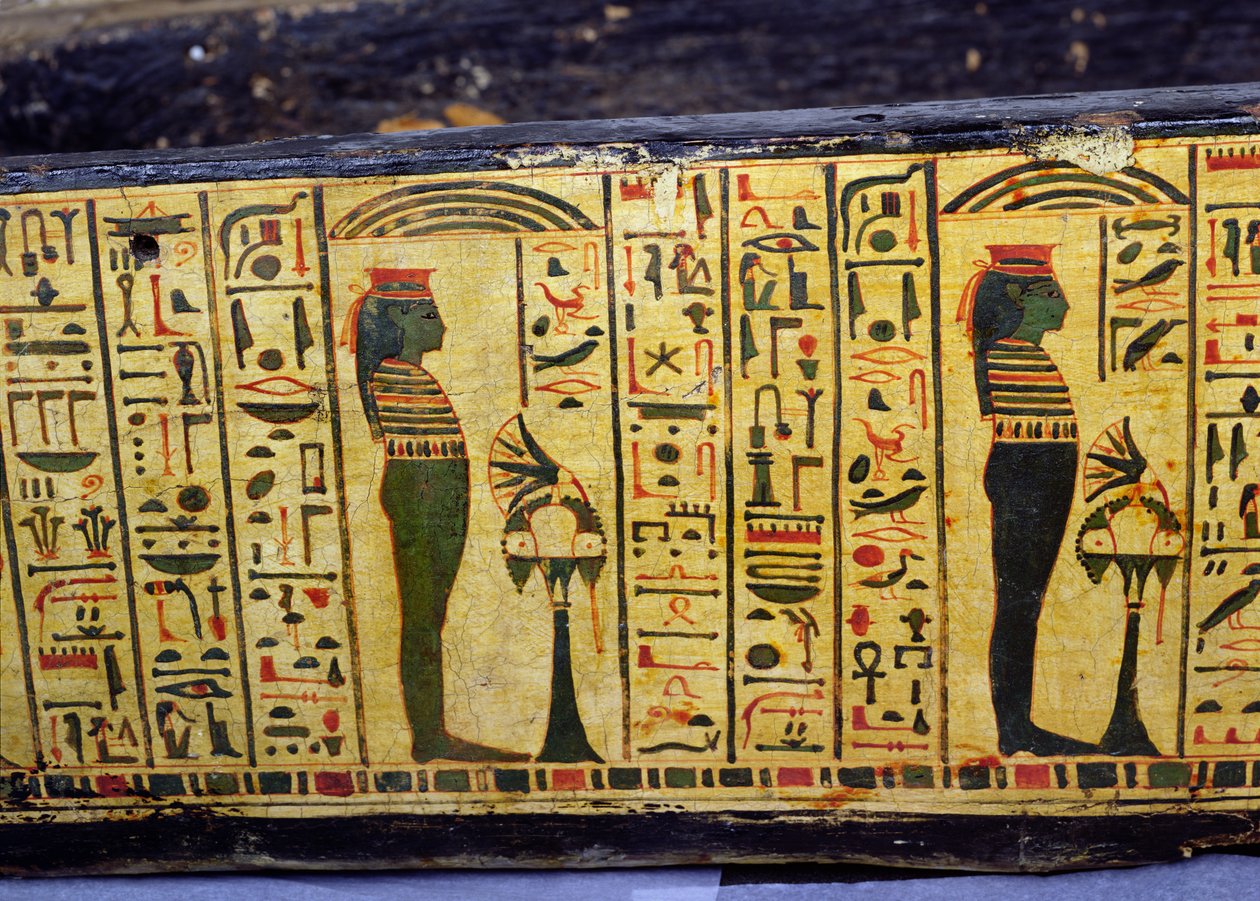 Detalje af den ydre kistebund af mumien af Nesyamun, muligvis fundet i Deir El-Bahri, New Kingdom, ca. 1100 f.Kr. (malet træ) af Egyptian 20th Dynasty