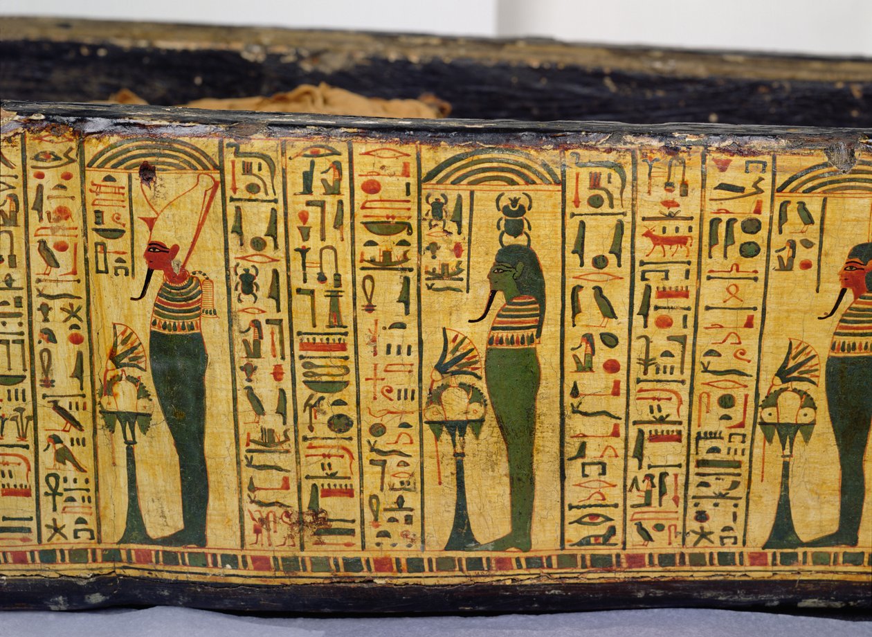 Detalje af den ydre kistebund af mumien af Nesyamun, muligvis fundet i Deir El-Bahri, New Kingdom, ca. 1100 f.Kr. (malet træ) af Egyptian 20th Dynasty