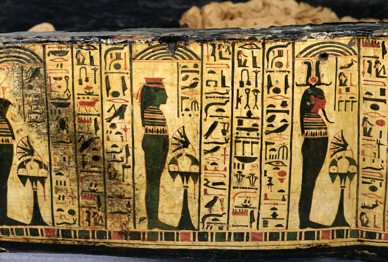 Detalje af den ydre kistebund af mumien af Nesyamun, muligvis fundet i Deir El-Bahri, New Kingdom, ca. 1100 f.Kr. (malet træ) af Egyptian 20th Dynasty