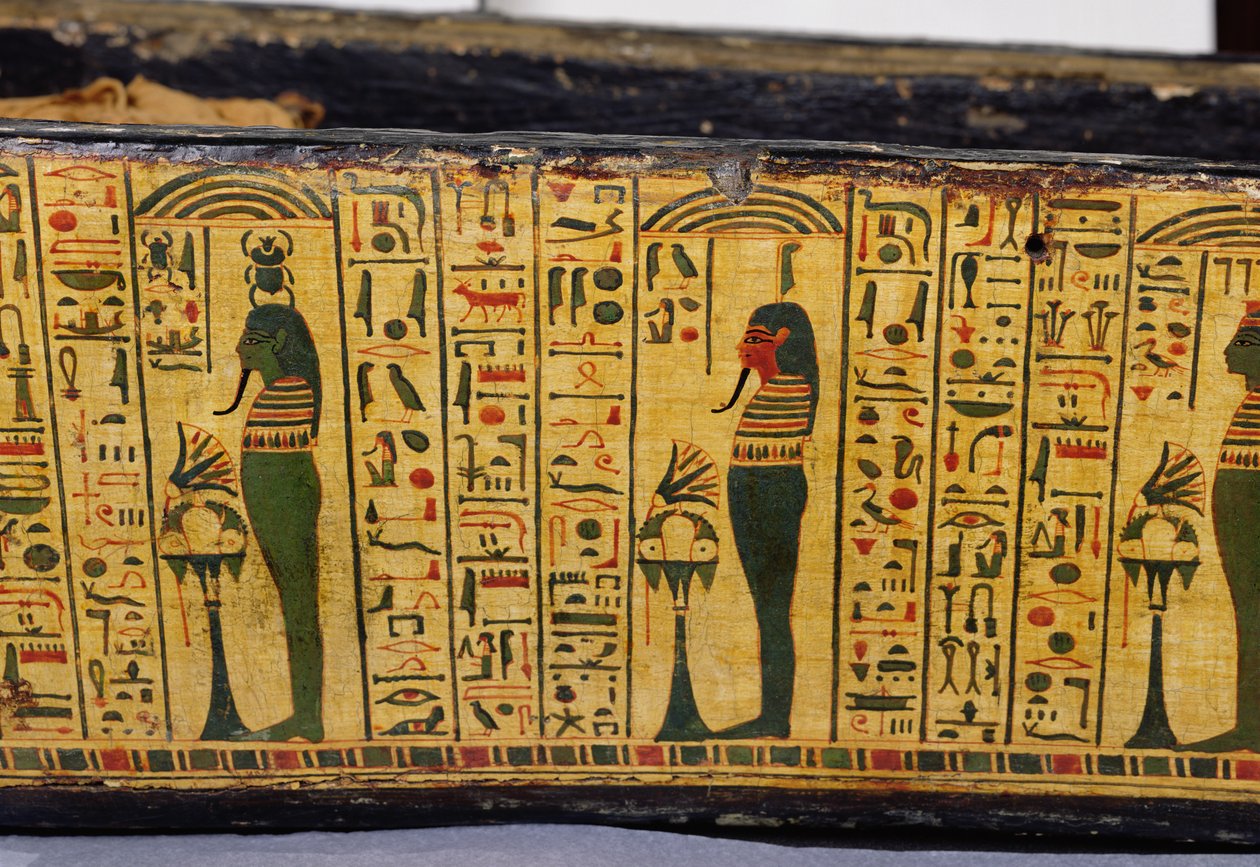 Detalje af den ydre kistebund af mumien af Nesyamun, muligvis fundet i Deir El-Bahri, New Kingdom, ca. 1100 f.Kr. (malet træ) af Egyptian 20th Dynasty