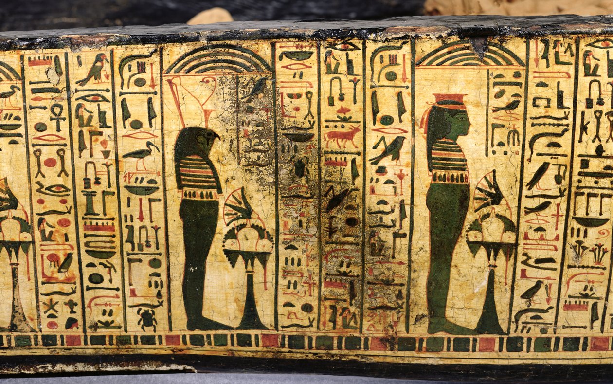 Detalje af den ydre kistebund af mumien af Nesyamun, muligvis fundet i Deir El-Bahri, New Kingdom, ca. 1100 f.Kr. (malet træ) af Egyptian 20th Dynasty
