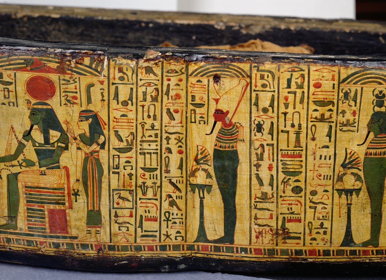 Detalje af den ydre kistebund af mumien af Nesyamun, muligvis fundet i Deir El-Bahri, New Kingdom, ca. 1100 f.Kr. (malet træ) af Egyptian 20th Dynasty