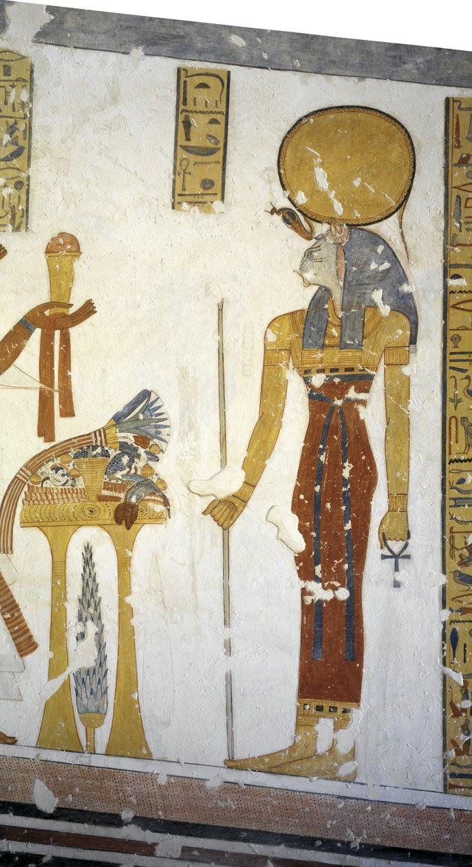 Egypten, Theben, Luxor, Kongernes Dal, Prins Mentuherkhepeshefs grav, vægmaleri af kattehovedgudinden Bastet, 20. dynasti af Egyptian 20th Dynasty