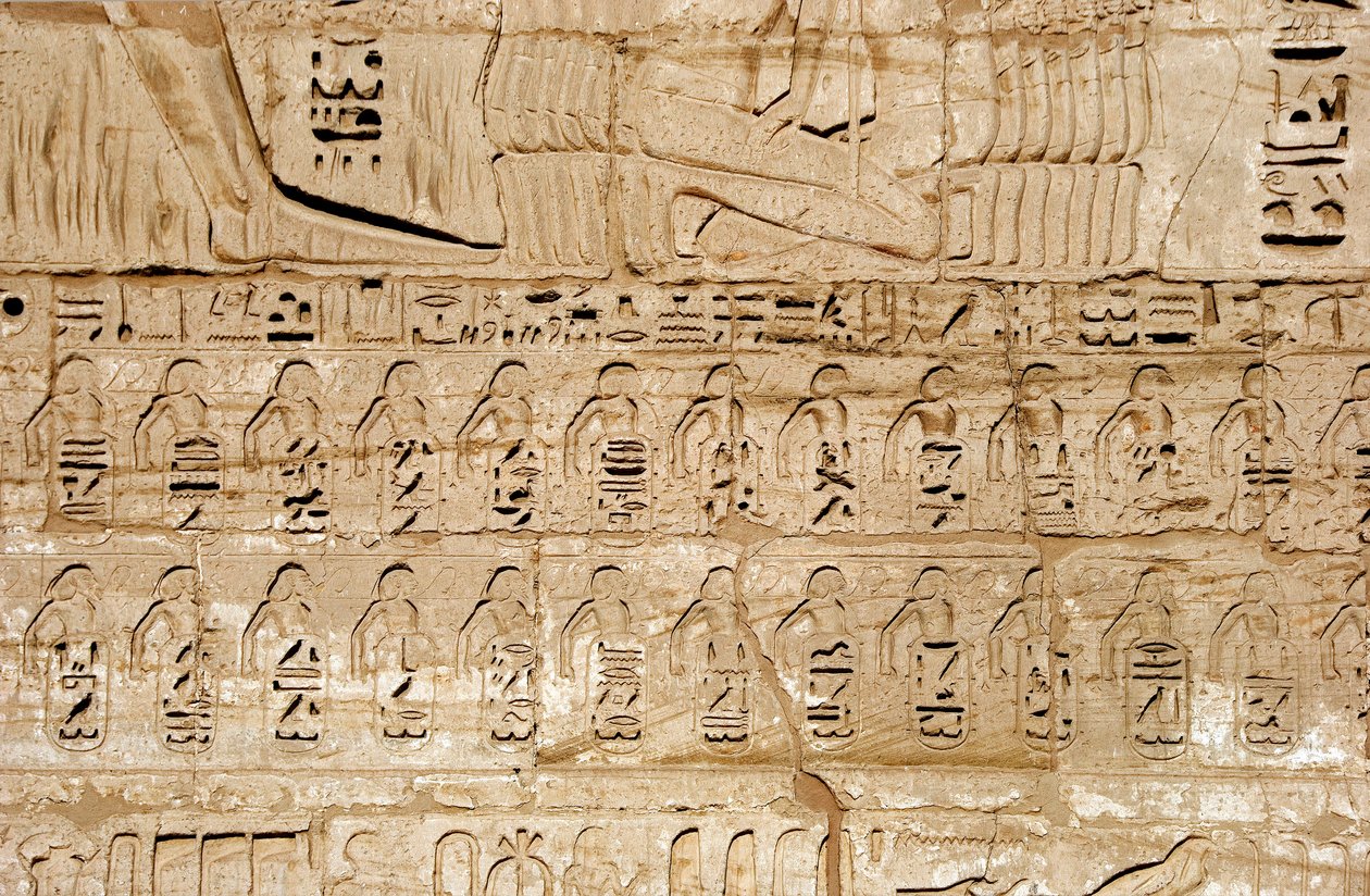 Egyptisk antikvitet: detalje af reliefferne af den første pylon, der repræsenterer emblemerne fra byerne erobret af farao Ramses III. Ramses III