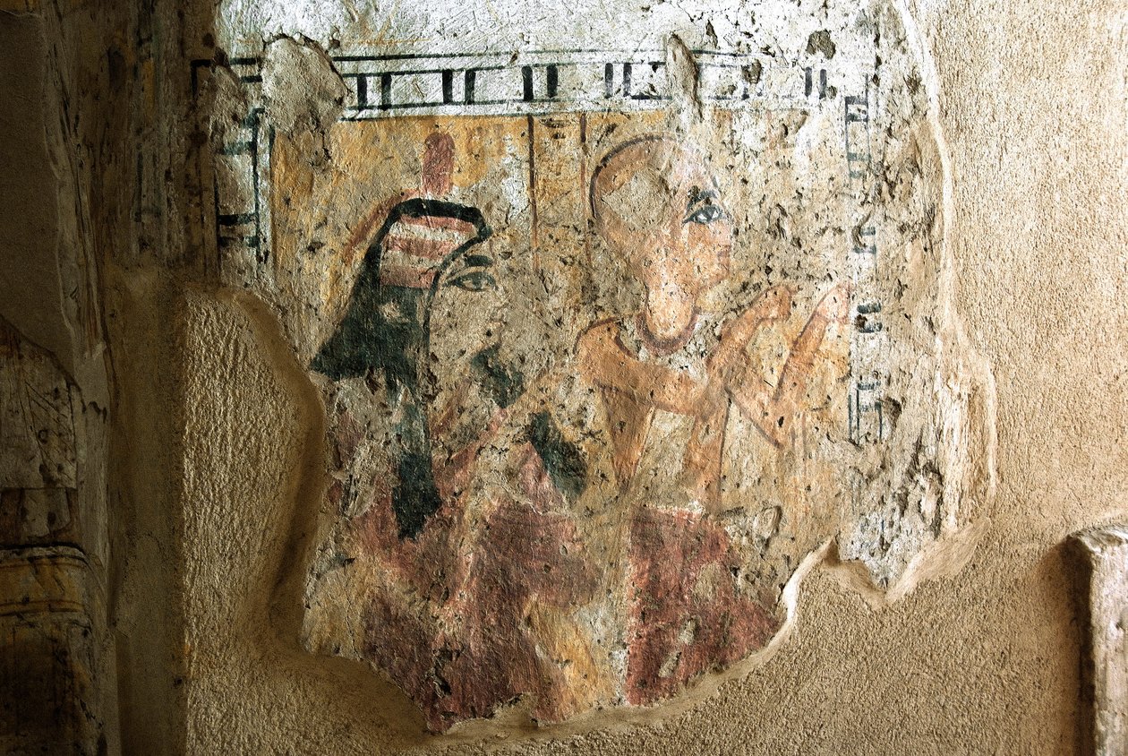 Egyptisk antikvitet: repræsentation af Shuroy og hans kone i tilbedelse. Maleri af Shuroys grav (TT13). 20. dynasti. 1190-1077 f.Kr. Nekropolen af Dra Abu el-Naga, Vestbredden af Luxor, Egypten af Egyptian 20th Dynasty