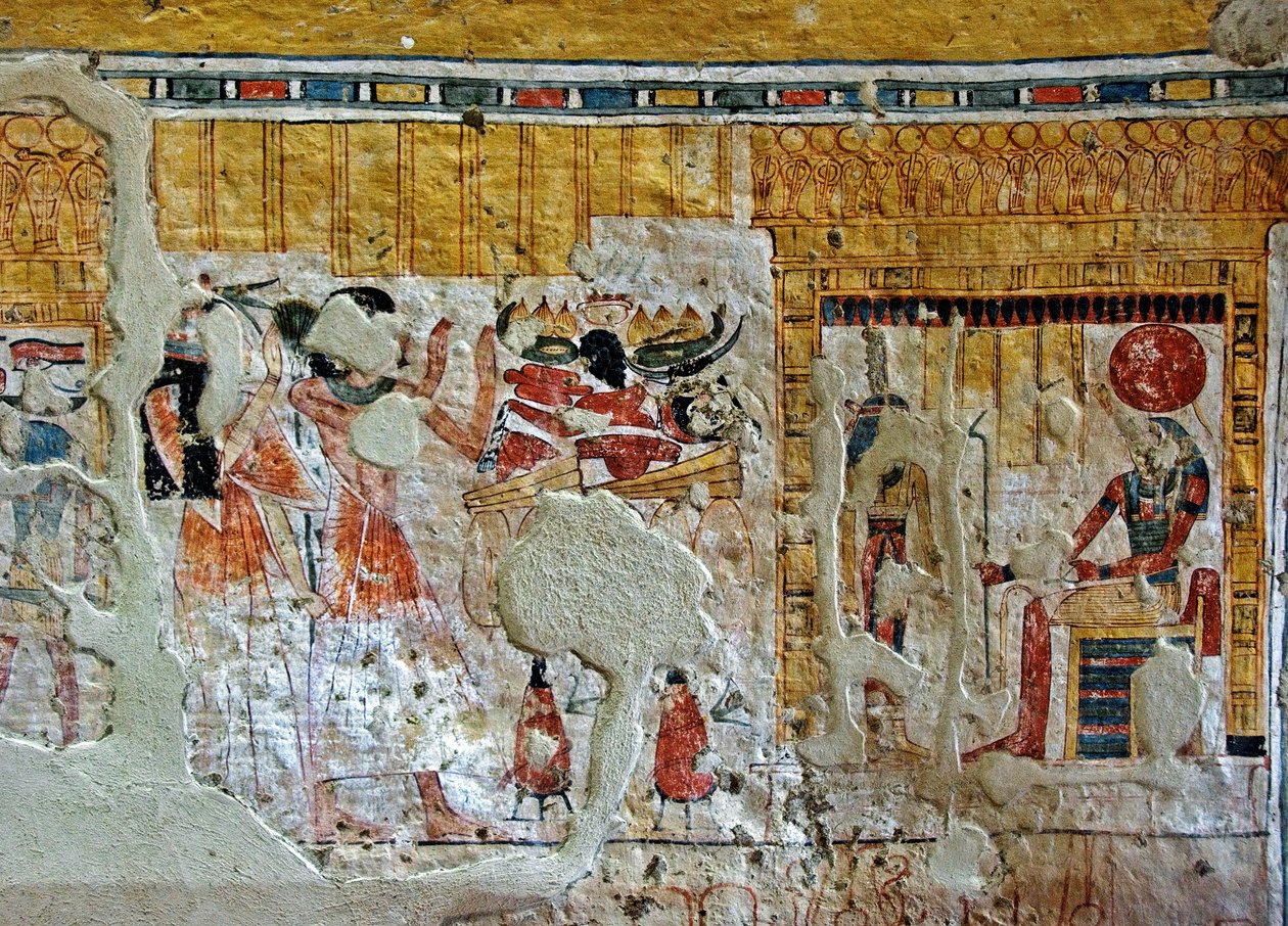 Egyptisk antikvitet: repræsentation af Shuroy og hans kone, der tilbeder guddomme. Maleri af Shuroys grav (TT13). 20. dynasti. 1190-1077 f.Kr. Nekropolen af Dra Abu el-Naga, Vestbredden af Luxor, Egypten af Egyptian 20th Dynasty