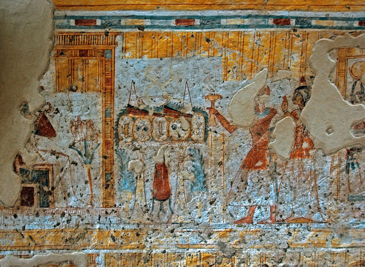 Egyptisk antikvitet: repræsentation af Shuroy og hans kone, der tilbeder guden Osiris, der sidder foran Horus