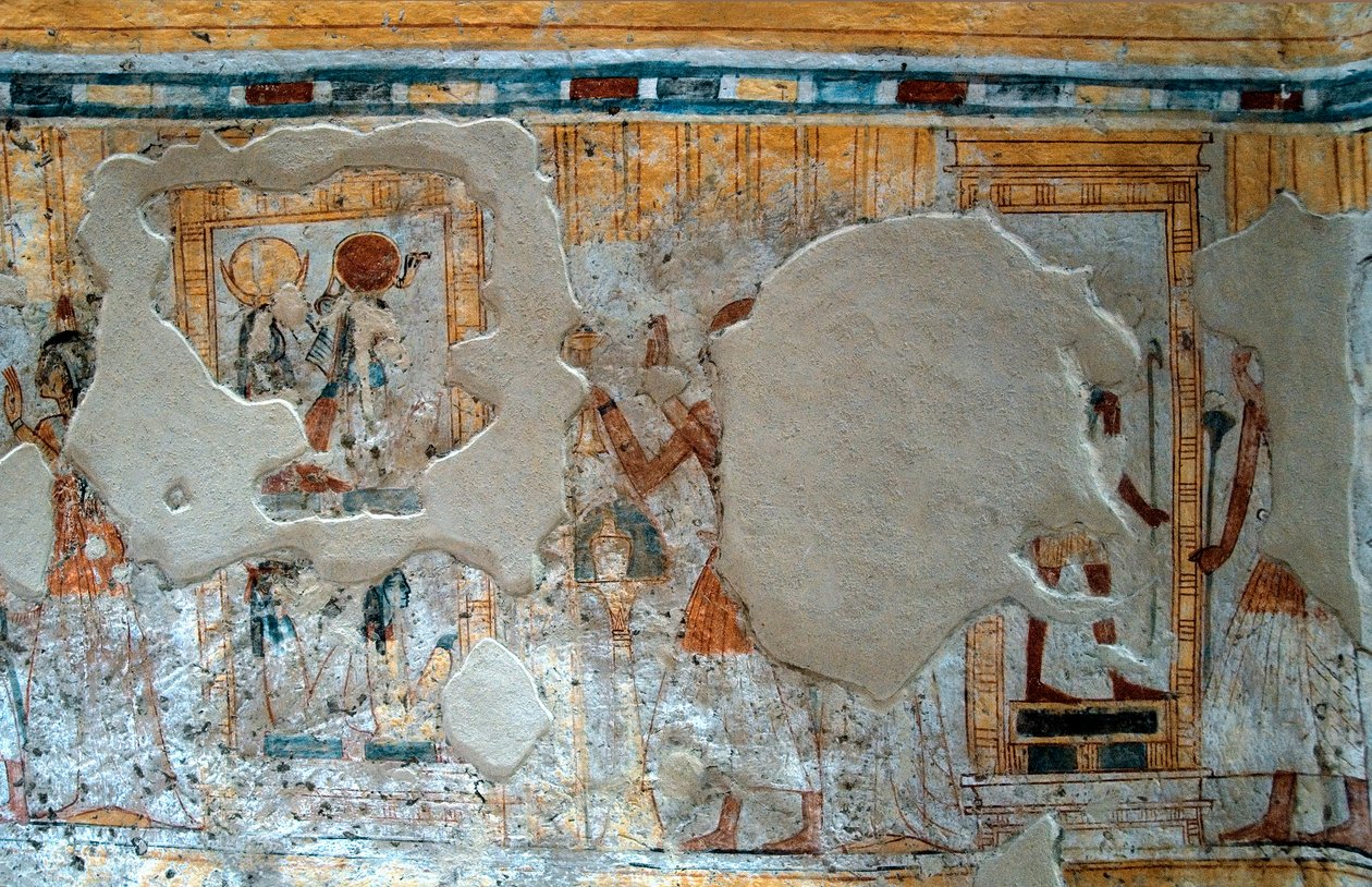 Egyptian antiquite: representation of Shuroy and his wife worshiping the god Thot and the goddess Ra. Painting of the Tomb of Shuroydani af Egyptian 20th Dynasty