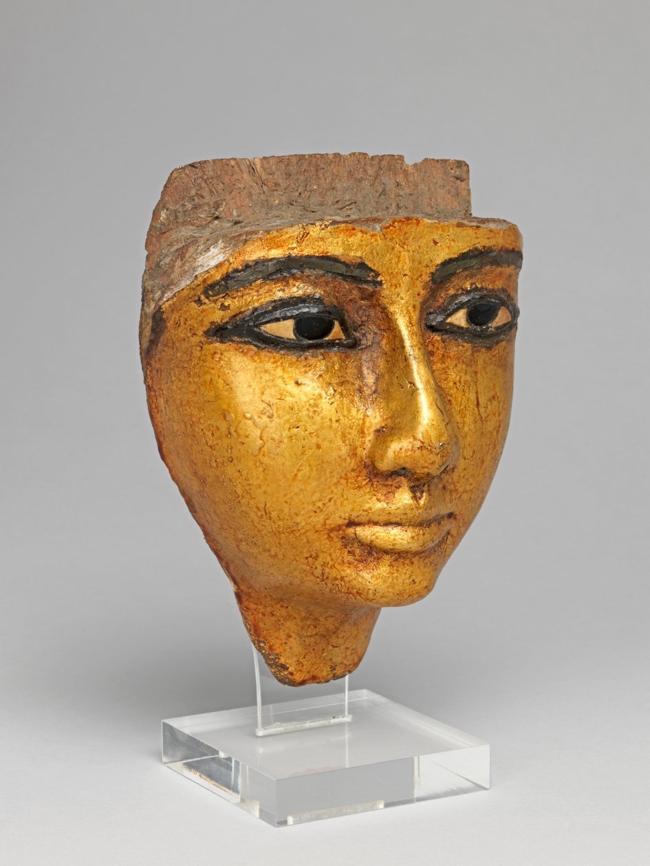 Ansigt fra en kiste, med øjne og øjenbryn indlagt, forgyldt af Egyptian 20th Dynasty