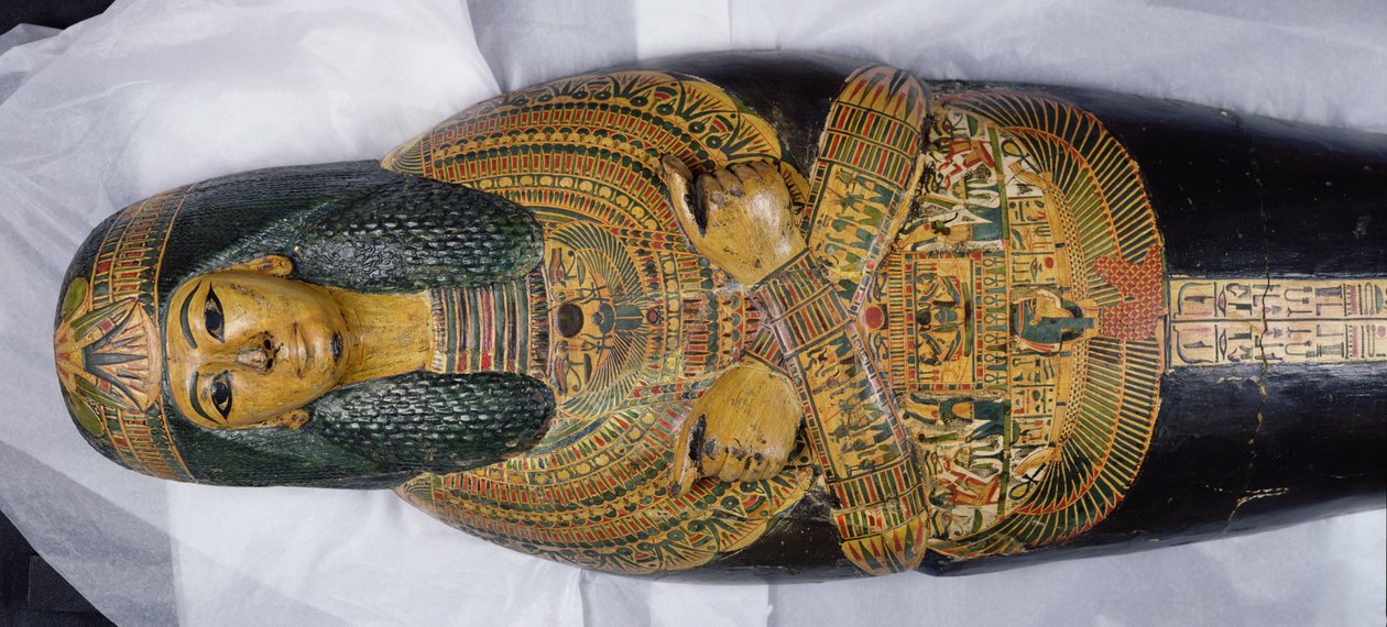 Indvendigt låg af mumien af Nesyamun, muligvis fundet i Deir El-Bahri, New Kingdom, ca. 1100 f.Kr. (malet træ) (detalje af 308052) af Egyptian 20th Dynasty