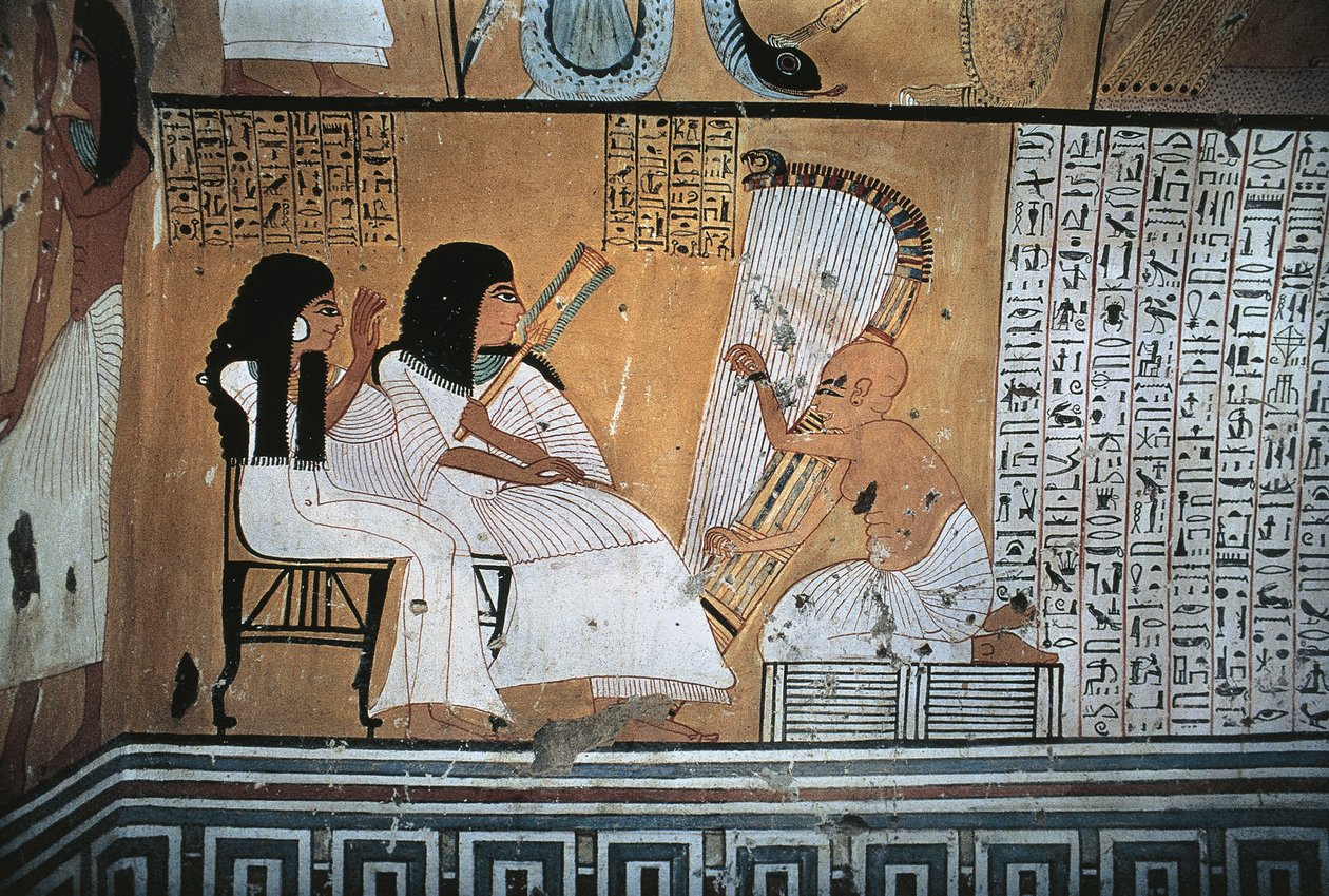 Vægmaleri af afdøde Khai-Inherkha og kone, der ser på blind harpespiller af Egyptian 20th Dynasty