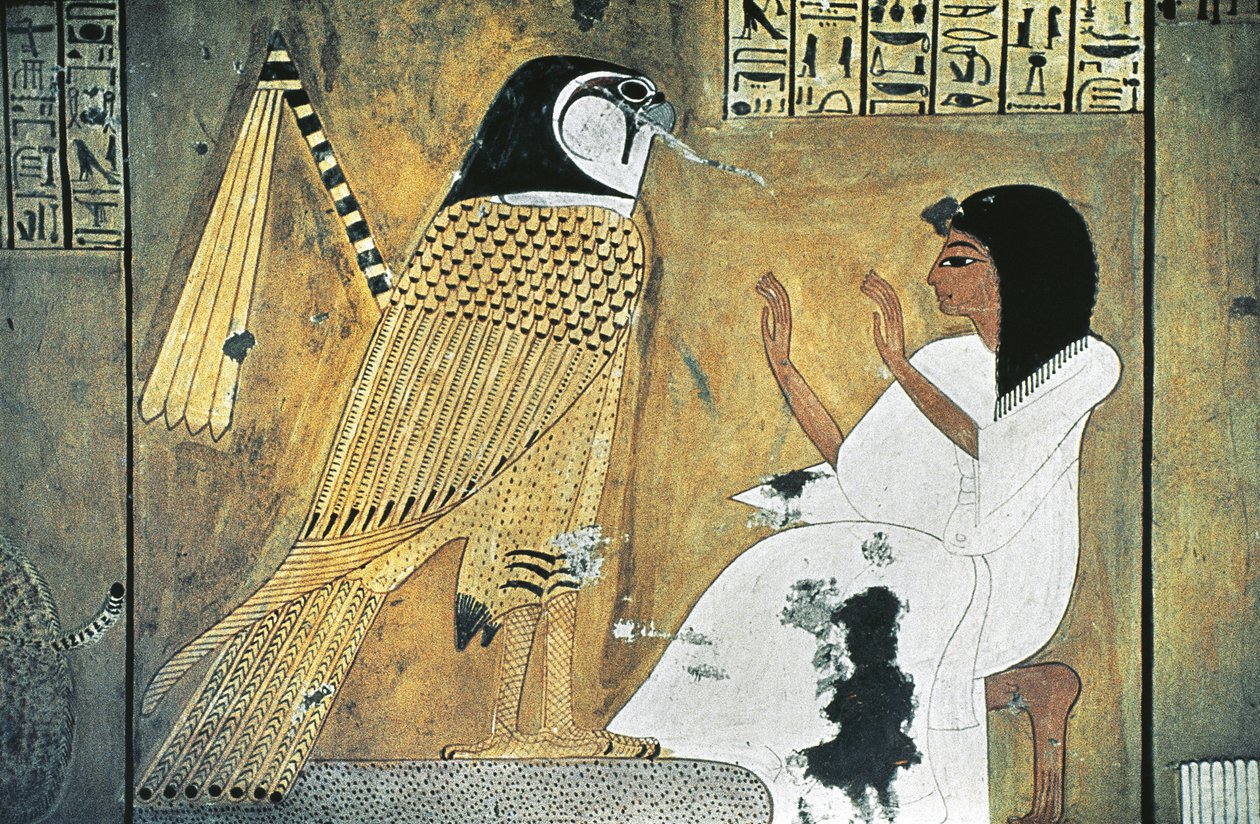 Vægmaleri af scene fra Book of the Dead, transformation til Golden Falcon af Egyptian 20th Dynasty