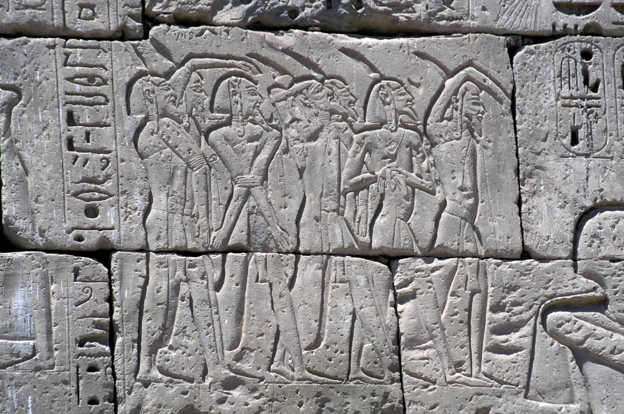 Relief, der viser nordlige fanger i slaget ved Ramses III, Medinets store tempel af Egyptian 20th Dynasty