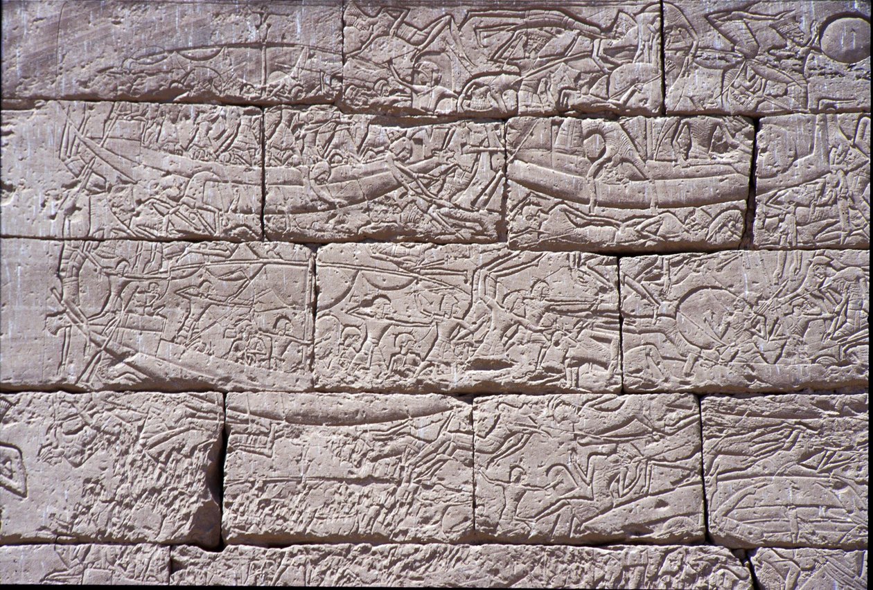 Havfolket, søslaget ved Ramses III, Medinet Habu, sten fra 1195-64 f.Kr. af Egyptian 20th Dynasty