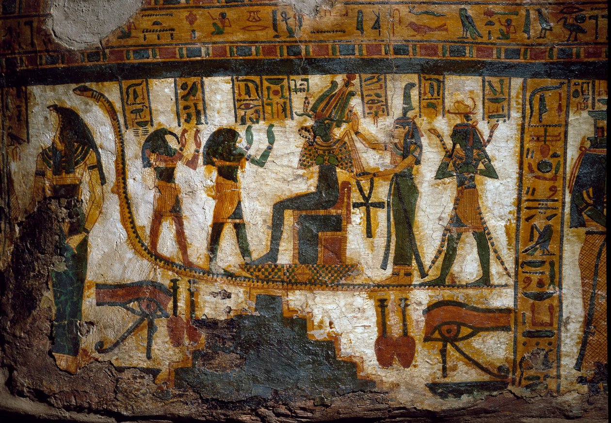 Art of Egypt: Osiris modtager hyldest fra fire guddomme: Thot, Maat, Heka (Heqat eller Heqa) og Harsiesi. En af guderne har livets nøgle i form af et kors ansee (Ankh). Nedenfor ses to repræsentationer af øjet oudjat (Horus øje) Udsmykning af th af Egyptian 21st Dynasty