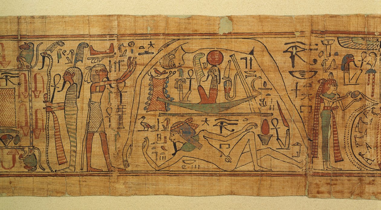 Bog med mytologiske billeder af Nespakachuty, adskillelsen af himmel og jord med solbåden af Egyptian 21st Dynasty