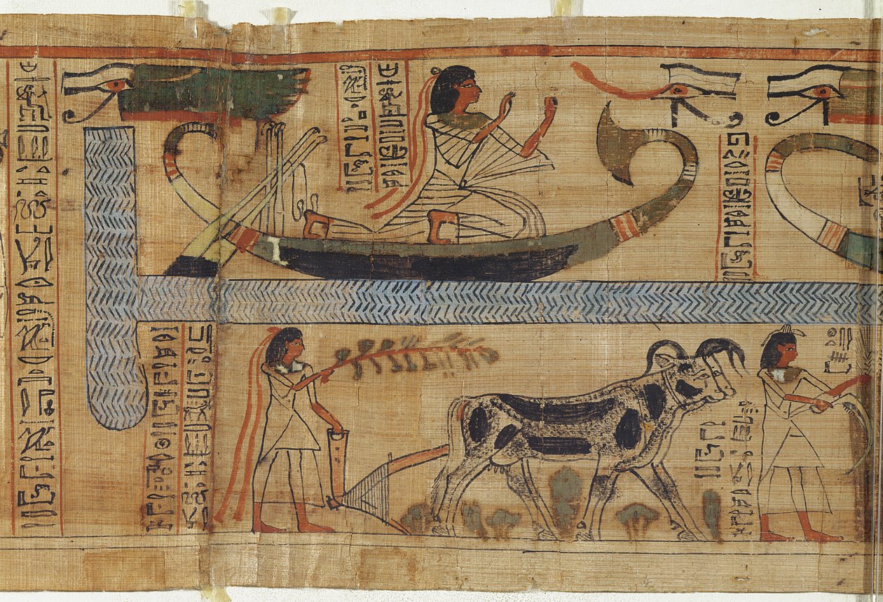 Detalje fra præsten Aha-Mers dødebog, der skildrer en bark og en landbrugsscene, tredje mellemperiode (papyrus) af Egyptian 21st Dynasty