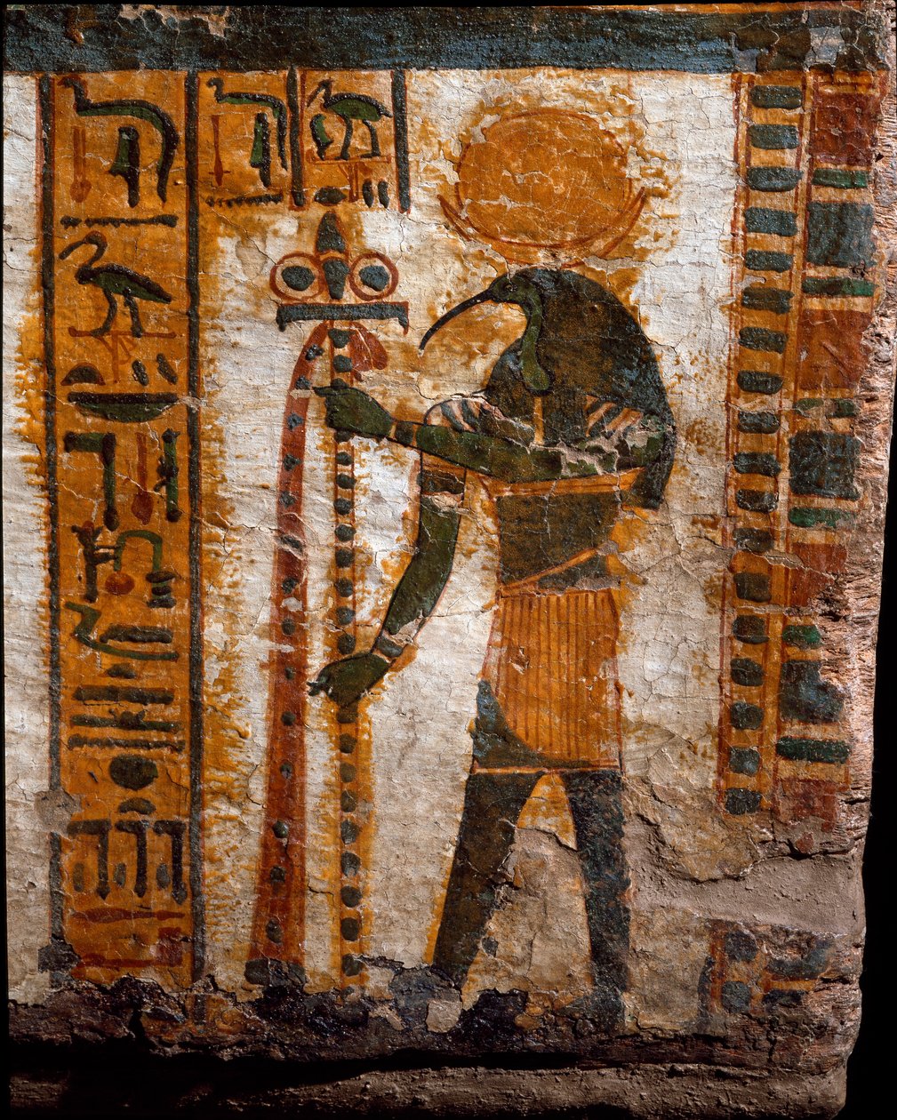 Egyptisk antikvitet: Thot, måneguden, i form af en mand i spidsen for ibis. dekoration af den antropoide sarkofag af skriveren Butehamon, 21. dynasti (1085-935 f.Kr.). Egyptens museum i Torino (Torino, Museo Egizio) af Egyptian 21st Dynasty