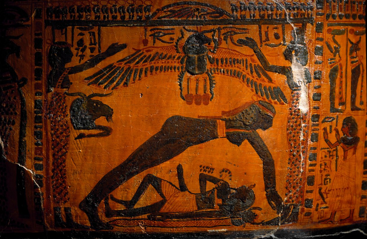 Egyptisk antikvitet: sarkofag af malet træ af Boutehamon (Butehamon), kongelig skriver. Fra Theben. 21. dynasti. 990-970 f.Kr. En detalje, der repræsenterer verdens skabelse, Nout, himlens gudinde, adskiller sig fra Geb, jordens gud. Torino, egyptisk af Egyptian 21st Dynasty