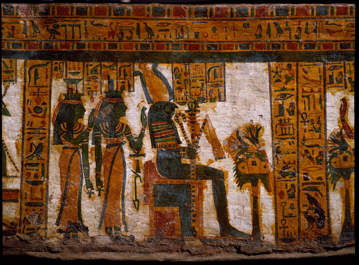 Ægyptisk antikvitet: de guddommelige Isis og Nephtys, der tilbeder Osiris. De har livets nøgler i form af et kors ansee (Ankh). Dekoration af den antropoide sarkofag af skriveren Butehamon, 21. dynasti (1085-935 f.Kr.). Egyptens museum i Torino (Tori af Egyptian 21st Dynasty
