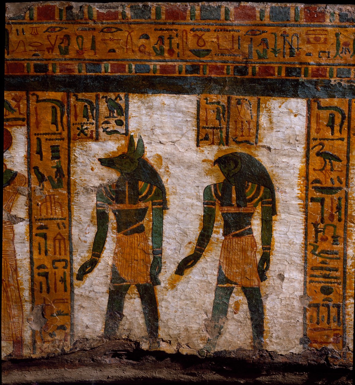 Egyptisk antikvitet: begravelsesgenierne Douamoutef og Kebehsenouf (eller Qebehsenouf). dekoration af den antropoide sarkofag af skriveren Butehamon, 21. dynasti (1085-935 f.Kr.). Egyptens museum i Torino (Torino, Museo Egizio) af Egyptian 21st Dynasty